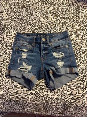 American Eagle Outfitters Distressed Rolled Cuff Denim Shorts - Blue